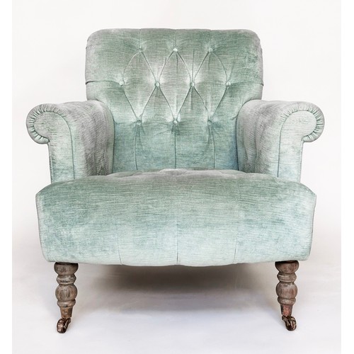 292 - HOWARD STYLE ARMCHAIRS, a pair, with duck egg blue velvet buttoned upholstery, with scroll arms and ... 