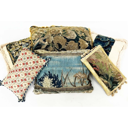 122 - CUSHIONS, a selection of six incorporating 17th/early 18th century tapestry fragments, largest 42cm ... 