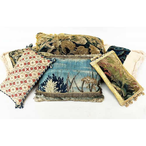 122 - CUSHIONS, a selection of six incorporating 17th/early 18th century tapestry fragments, largest 42cm ... 