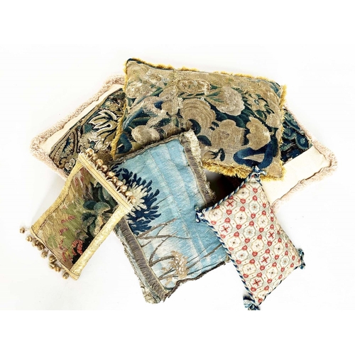 122 - CUSHIONS, a selection of six incorporating 17th/early 18th century tapestry fragments, largest 42cm ... 