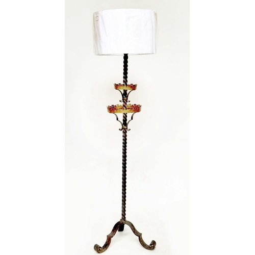 124 - STANDARD LAMP, late 19th/early 20th century wrought iron and parcel gilt with twisted column and scr... 