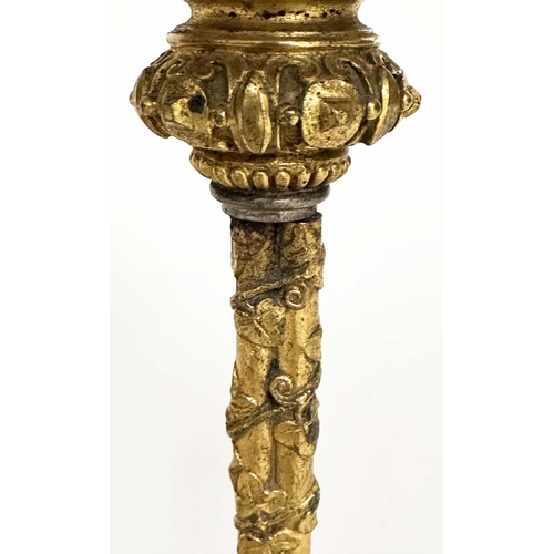 127 - ORMOLU TABLE LAMPS, an early 20th century pair, with triform supports and pleated silk shades, 43cm ... 