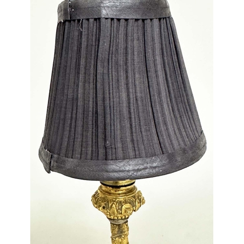 127 - ORMOLU TABLE LAMPS, an early 20th century pair, with triform supports and pleated silk shades, 43cm ... 