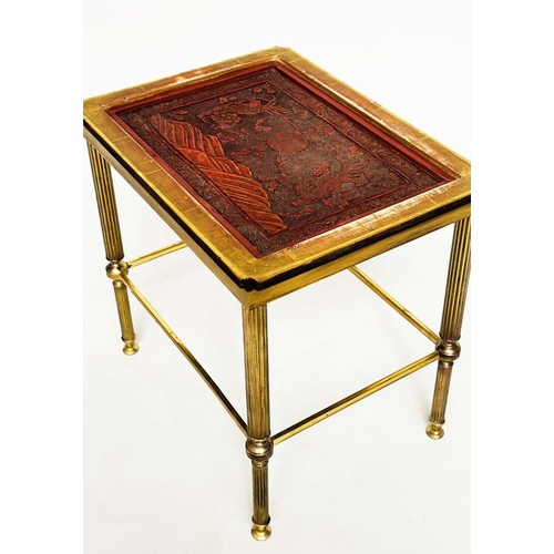 129 - 'MALLET' OCCASIONAL TABLE, 1970s Regency style gilt metal rectangular with reeded supports incorpora... 