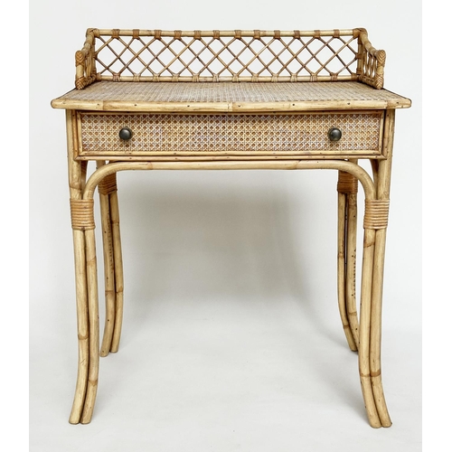 132 - BAMBOO WRITING TABLE, mid 20th century and wicker panelled and cane bound with frieze drawer, 73cm W... 