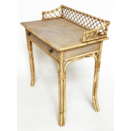 132 - BAMBOO WRITING TABLE, mid 20th century and wicker panelled and cane bound with frieze drawer, 73cm W... 