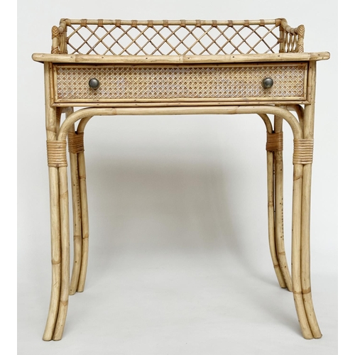 132 - BAMBOO WRITING TABLE, mid 20th century and wicker panelled and cane bound with frieze drawer, 73cm W... 