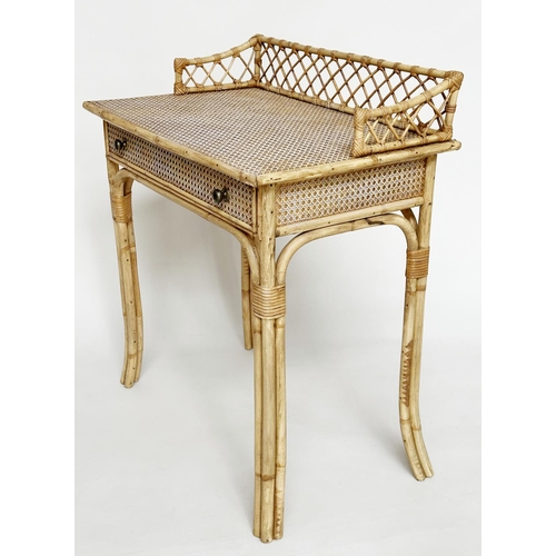 132 - BAMBOO WRITING TABLE, mid 20th century and wicker panelled and cane bound with frieze drawer, 73cm W... 