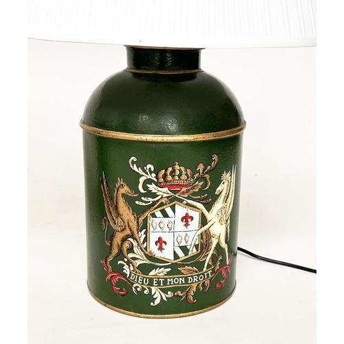 139 - TEA CANISTER TABLE LAMPS, a pair, vintage style, dark green tôleware each with coat of arms and shad... 