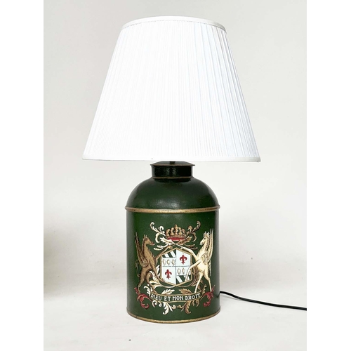 139 - TEA CANISTER TABLE LAMPS, a pair, vintage style, dark green tôleware each with coat of arms and shad... 