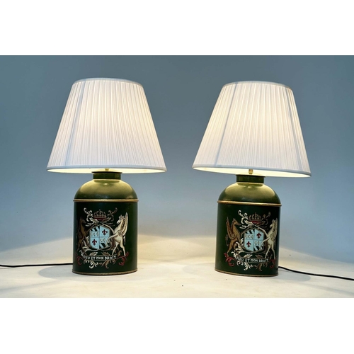 139 - TEA CANISTER TABLE LAMPS, a pair, vintage style, dark green tôleware each with coat of arms and shad... 