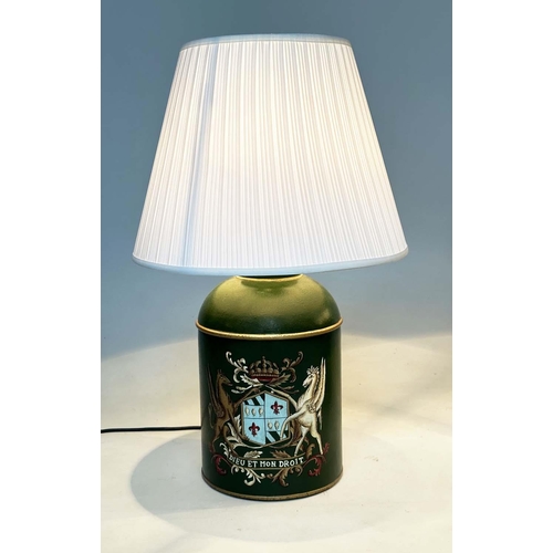 139 - TEA CANISTER TABLE LAMPS, a pair, vintage style, dark green tôleware each with coat of arms and shad... 