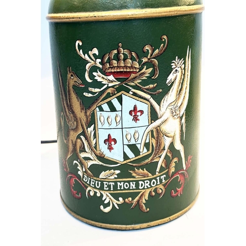 139 - TEA CANISTER TABLE LAMPS, a pair, vintage style, dark green tôleware each with coat of arms and shad... 