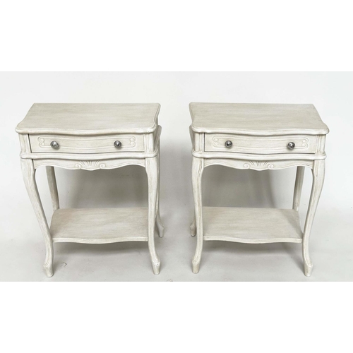 141 - BEDSIDE/LAMP TABLES, a pair, French grey painted each with frieze drawer and shaped supports, 48cm W... 