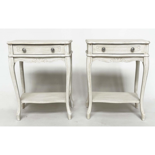 141 - BEDSIDE/LAMP TABLES, a pair, French grey painted each with frieze drawer and shaped supports, 48cm W... 