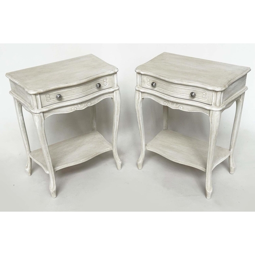 141 - BEDSIDE/LAMP TABLES, a pair, French grey painted each with frieze drawer and shaped supports, 48cm W... 