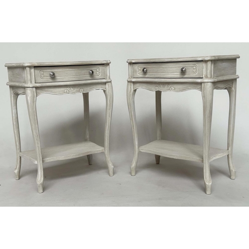 141 - BEDSIDE/LAMP TABLES, a pair, French grey painted each with frieze drawer and shaped supports, 48cm W... 