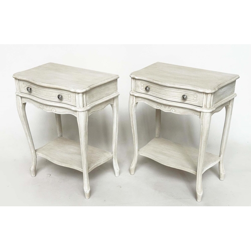 141 - BEDSIDE/LAMP TABLES, a pair, French grey painted each with frieze drawer and shaped supports, 48cm W... 