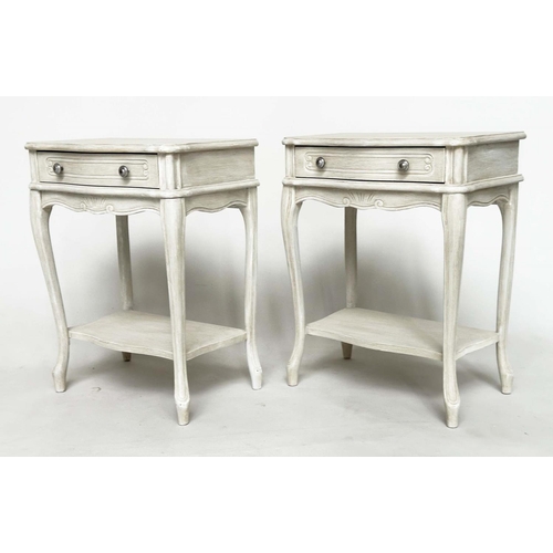 141 - BEDSIDE/LAMP TABLES, a pair, French grey painted each with frieze drawer and shaped supports, 48cm W... 