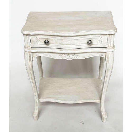 141 - BEDSIDE/LAMP TABLES, a pair, French grey painted each with frieze drawer and shaped supports, 48cm W... 