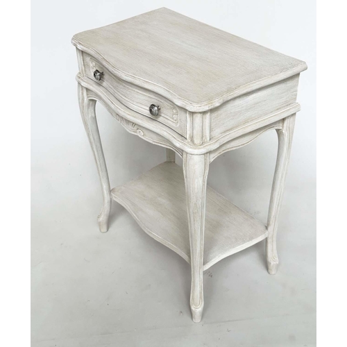 141 - BEDSIDE/LAMP TABLES, a pair, French grey painted each with frieze drawer and shaped supports, 48cm W... 