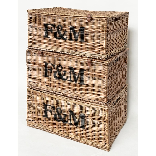 148 - FORTNUM & MASON HAMPER BASKETS, a set of three cane woven with rising lids, 76cm W x 53cm D x 41cm H... 