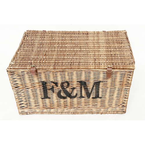 148 - FORTNUM & MASON HAMPER BASKETS, a set of three cane woven with rising lids, 76cm W x 53cm D x 41cm H... 