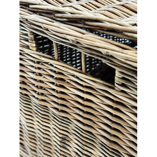 148 - FORTNUM & MASON HAMPER BASKETS, a set of three cane woven with rising lids, 76cm W x 53cm D x 41cm H... 