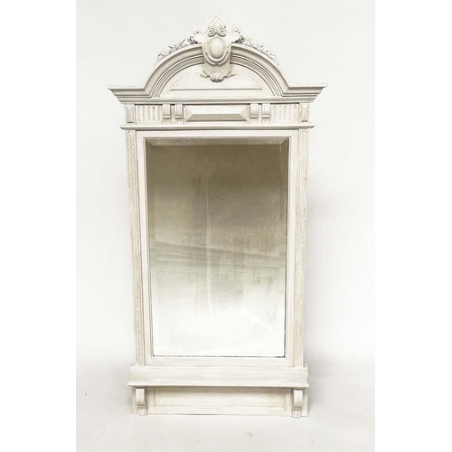 150 - PIER MIRROR, mid 19th century rectangular grey painted with elevated crest and shallow shelf, 135cm ... 