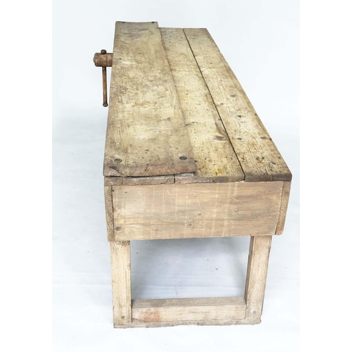 151 - WORK BENCH/TABLE, vintage pine planked with enclosed ends and decorative clamp, 211cm W x 63cm D x 8... 