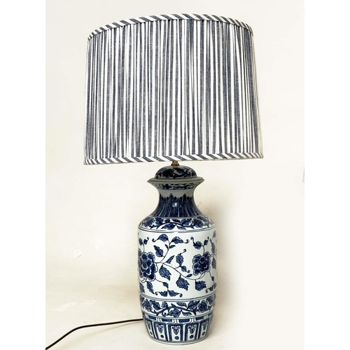 154 - TABLE LAMPS, two, comprising a Chinese blue and white ceramic vase form with striped shade and a vas... 