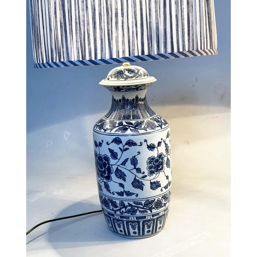 154 - TABLE LAMPS, two, comprising a Chinese blue and white ceramic vase form with striped shade and a vas... 