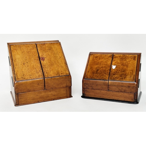 160 - STATIONERY BOXES, Victorian burr walnut with sloping two door front, fitted interior and blind botto... 