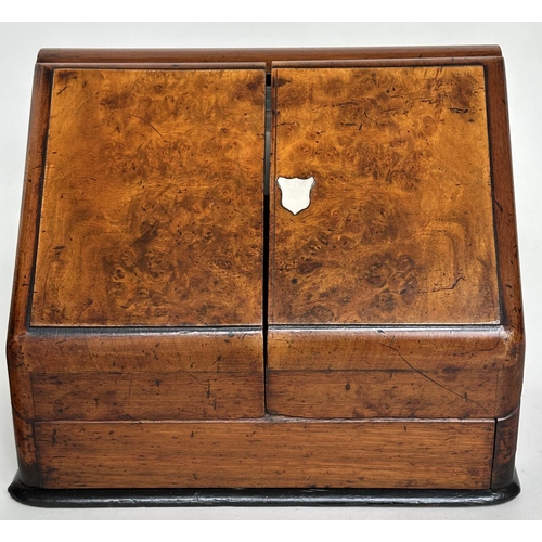 160 - STATIONERY BOXES, Victorian burr walnut with sloping two door front, fitted interior and blind botto... 