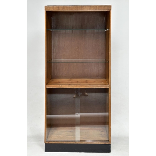 163 - DISPLAY CASE/BOOKCASE, mid 20th century oak with two adjustable glass shelves above a two sliding do... 