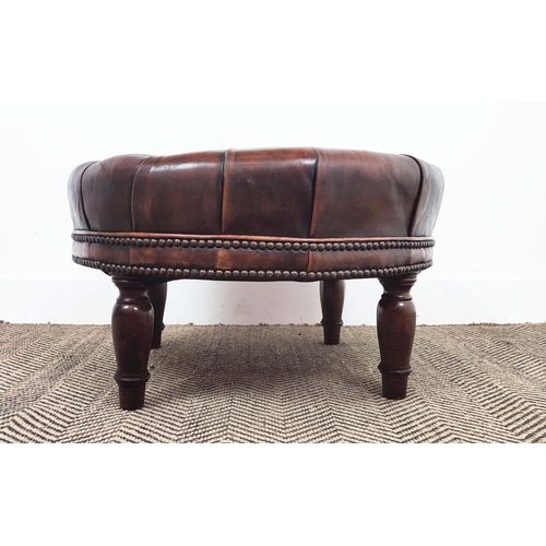 168 - GEORGE SMITH STOOL, circular in buttoned browned leather, 35cm H x 61cm D.