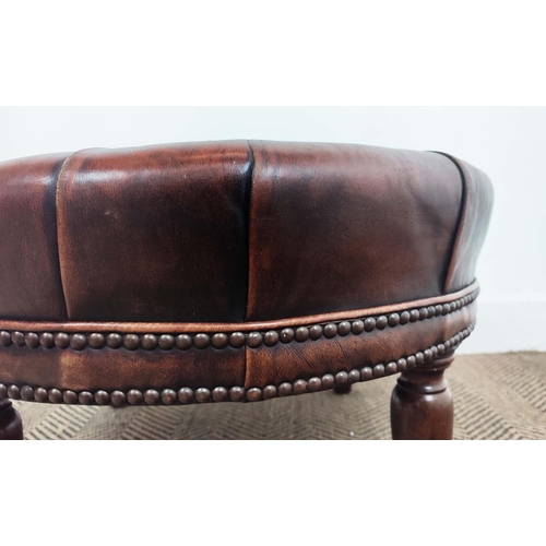 168 - GEORGE SMITH STOOL, circular in buttoned browned leather, 35cm H x 61cm D.