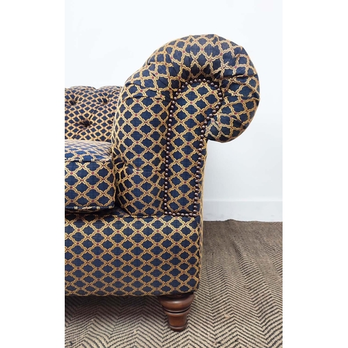 169 - CHESTERFIELD SOFA, patterned upholstery with two seat cushions on turned feet, 75cm H x 185cm W x 10... 