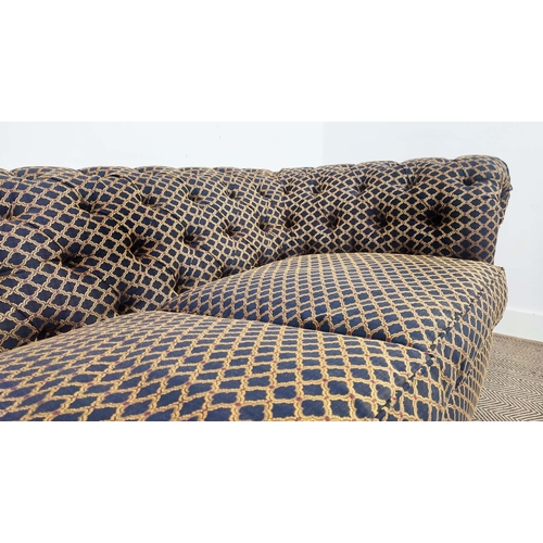 169 - CHESTERFIELD SOFA, patterned upholstery with two seat cushions on turned feet, 75cm H x 185cm W x 10... 