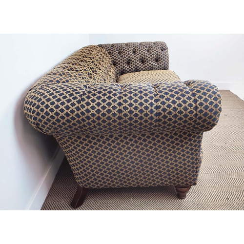 169 - CHESTERFIELD SOFA, patterned upholstery with two seat cushions on turned feet, 75cm H x 185cm W x 10... 