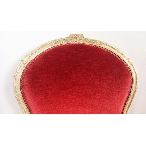 170 - BERGERE, early 20th century French painted with red plush and check upholstery, 100cm H x 70cm W x 8... 