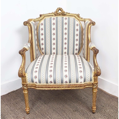 171 - FAUTEUIL, late 19th century French giltwood in new striped fabric, 84cm H x 63cm W x 49cm D.