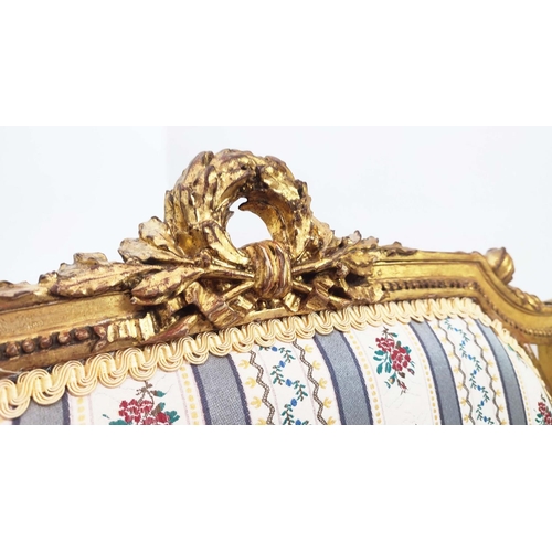 171 - FAUTEUIL, late 19th century French giltwood in new striped fabric, 84cm H x 63cm W x 49cm D.