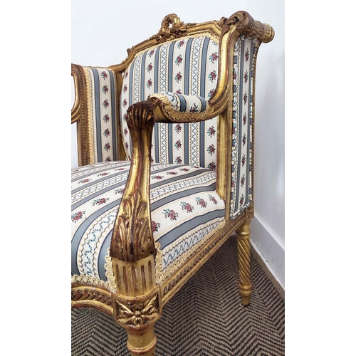 171 - FAUTEUIL, late 19th century French giltwood in new striped fabric, 84cm H x 63cm W x 49cm D.