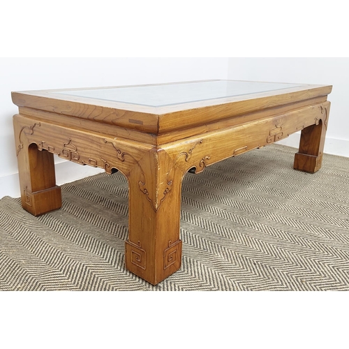 172 - LOW TABLE, Chinese elm with fretwork panel and inset glass top, 52cm H x 154cm W x 80cm D.