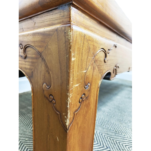 172 - LOW TABLE, Chinese elm with fretwork panel and inset glass top, 52cm H x 154cm W x 80cm D.