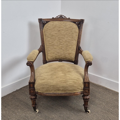 179 - OPEN ARMCHAIR, Victorian walnut, chenille upholstered back, sprung upholstered seat, turned front le... 