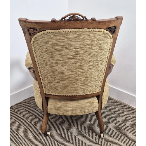 179 - OPEN ARMCHAIR, Victorian walnut, chenille upholstered back, sprung upholstered seat, turned front le... 