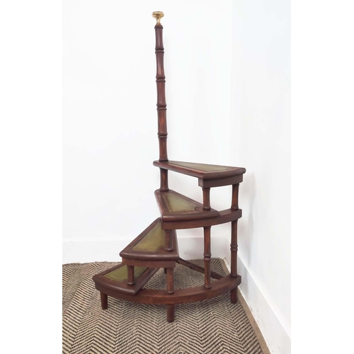 212 - LIBRARY STEPS, spiral design with green leather treads and brass finial, 109cm H x 43cm W.