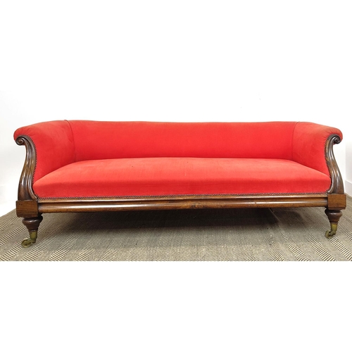 217 - SOFA, Victorian rosewood, circa 1840, in vermilion fabric on brass castors stamped I, W. Lewty's Pat... 